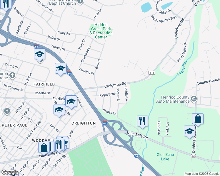 map of restaurants, bars, coffee shops, grocery stores, and more near 2915 Creighton Road in Richmond