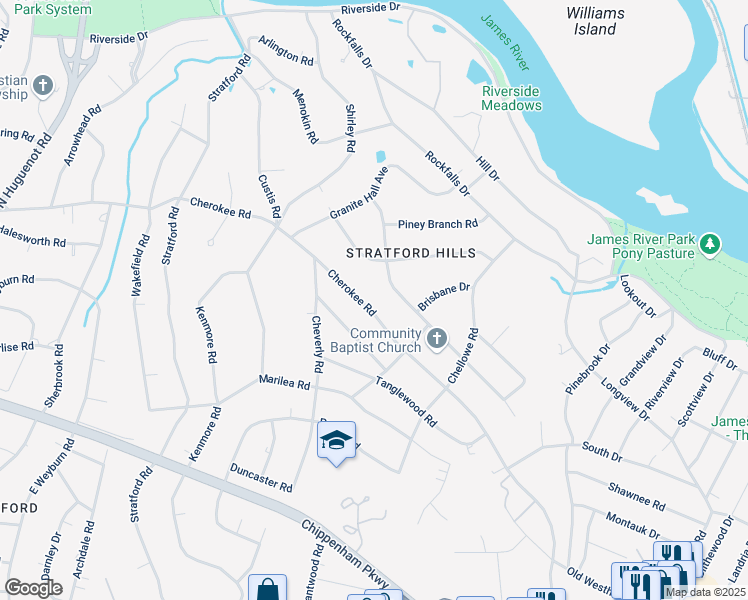 map of restaurants, bars, coffee shops, grocery stores, and more near 7660 Cherokee Road in Richmond