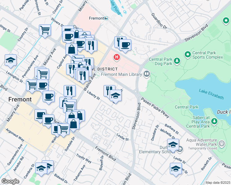 map of restaurants, bars, coffee shops, grocery stores, and more near 3155 Kearney Street in Fremont