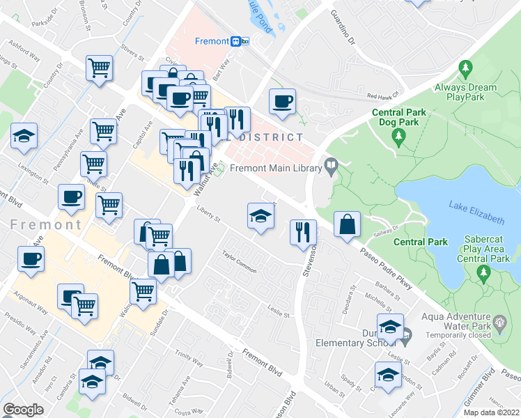 map of restaurants, bars, coffee shops, grocery stores, and more near 3155 Kearney Street in Fremont