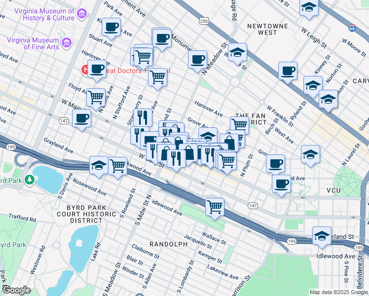 map of restaurants, bars, coffee shops, grocery stores, and more near 2 North Granby Street in Richmond