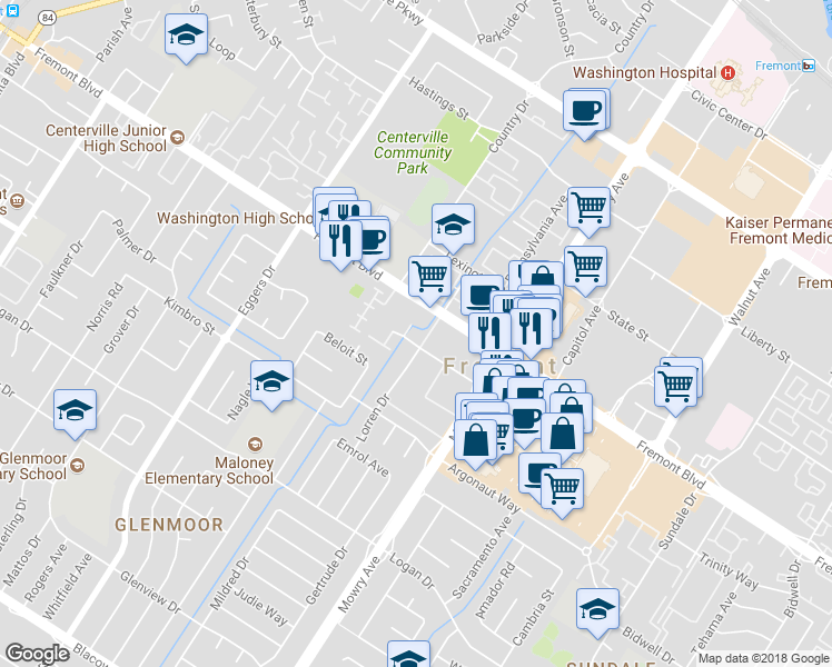 map of restaurants, bars, coffee shops, grocery stores, and more near 4087 Bell Terrace in Fremont