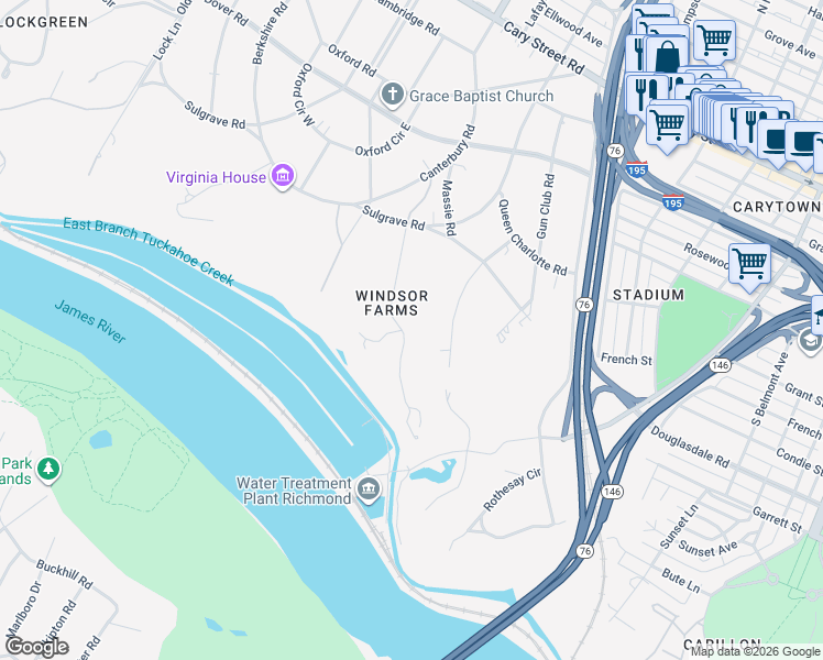 map of restaurants, bars, coffee shops, grocery stores, and more near 319 Clovelly Road in Richmond