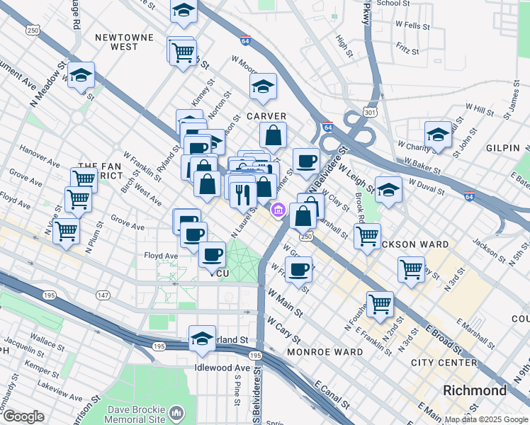 map of restaurants, bars, coffee shops, grocery stores, and more near 707 West Broad Street in Richmond