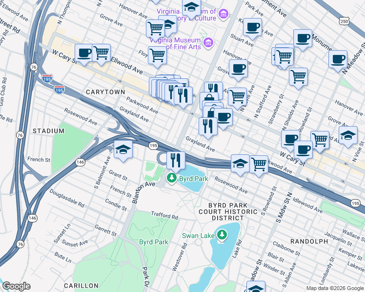 map of restaurants, bars, coffee shops, grocery stores, and more near 2707 Grayland Avenue in Richmond