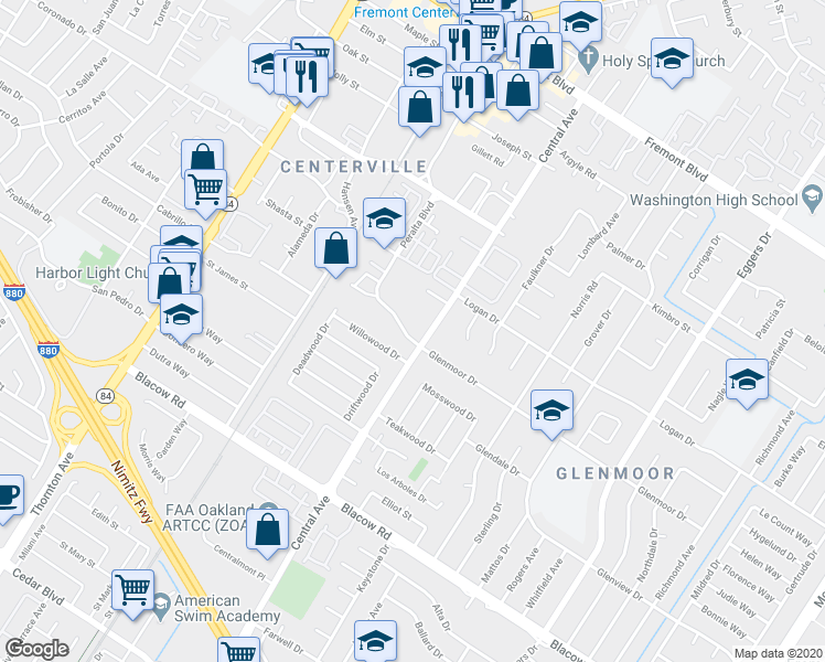 map of restaurants, bars, coffee shops, grocery stores, and more near 4549 Central Avenue in Fremont