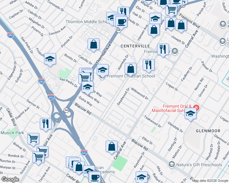 map of restaurants, bars, coffee shops, grocery stores, and more near in Fremont
