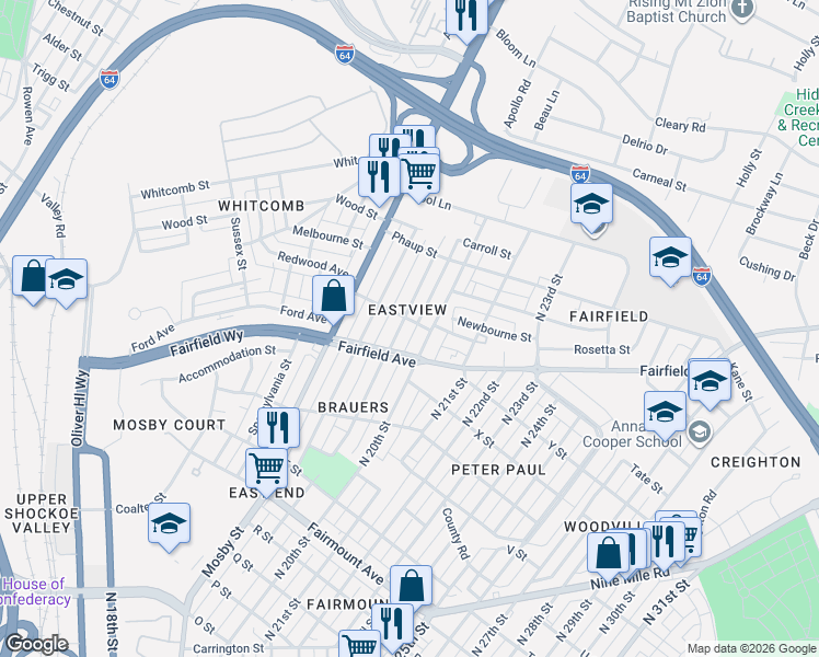 map of restaurants, bars, coffee shops, grocery stores, and more near 1610 North 19th Street in Richmond