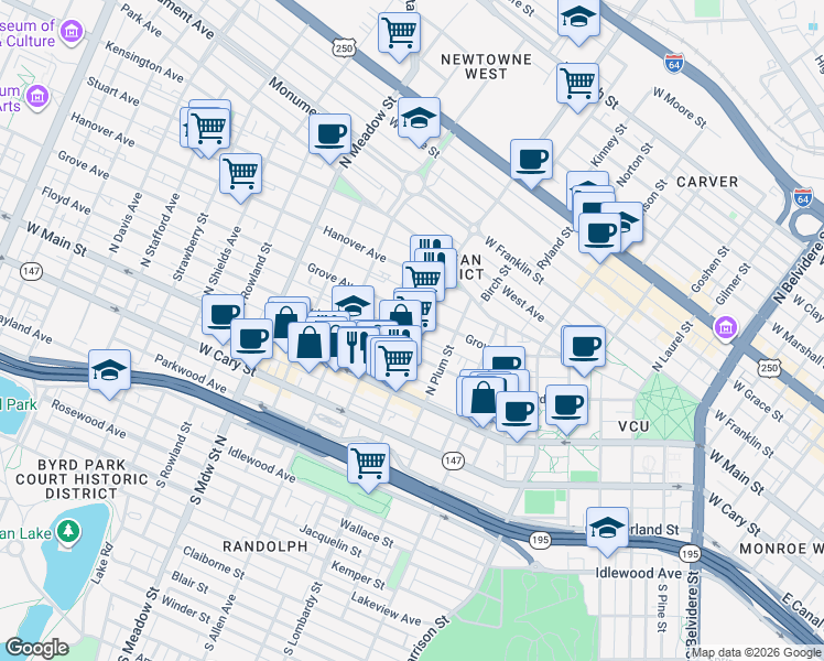 map of restaurants, bars, coffee shops, grocery stores, and more near in Richmond