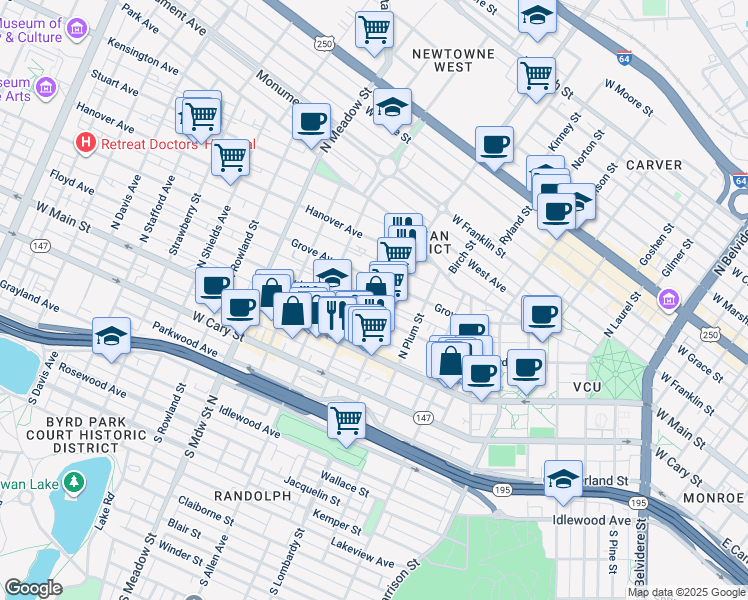 map of restaurants, bars, coffee shops, grocery stores, and more near in Richmond