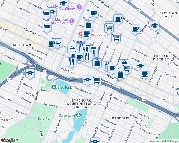 map of restaurants, bars, coffee shops, grocery stores, and more near 8 South Stafford Avenue in Richmond