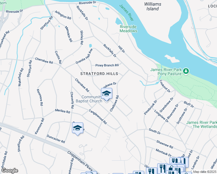 map of restaurants, bars, coffee shops, grocery stores, and more near 7528 Brisbane Drive in Richmond
