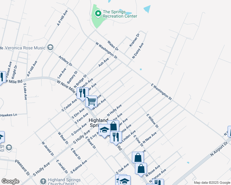 map of restaurants, bars, coffee shops, grocery stores, and more near 119 North Fern Avenue in Highland Springs