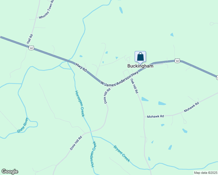 map of restaurants, bars, coffee shops, grocery stores, and more near 12884 West James Anderson Highway in Buckingham