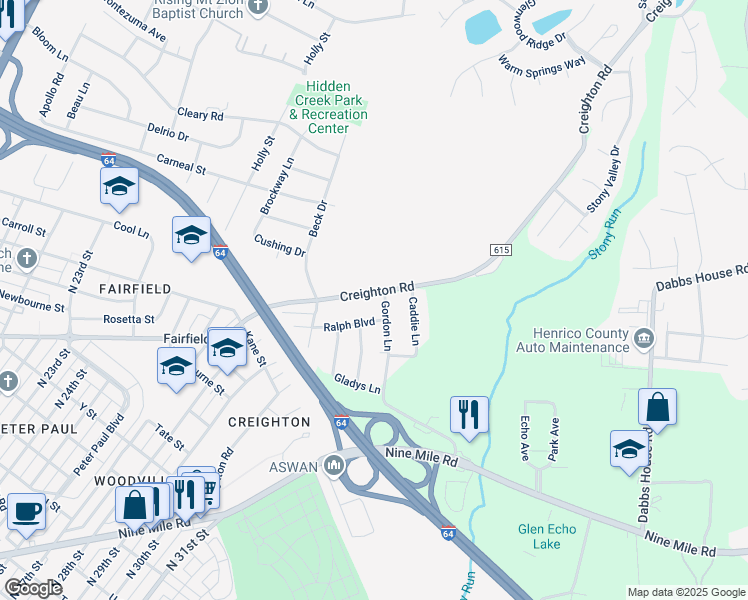 map of restaurants, bars, coffee shops, grocery stores, and more near 2921 Creighton Road in Richmond