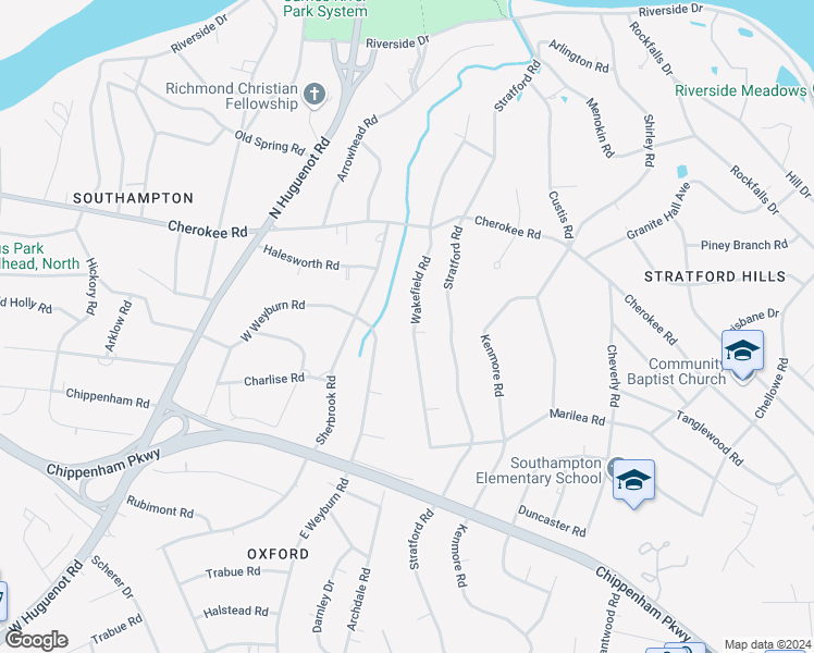 map of restaurants, bars, coffee shops, grocery stores, and more near 3910 Wakefield Road in Richmond