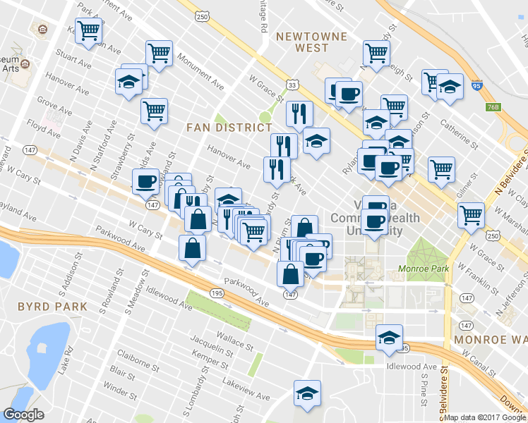map of restaurants, bars, coffee shops, grocery stores, and more near 1603 Grove Avenue in Richmond
