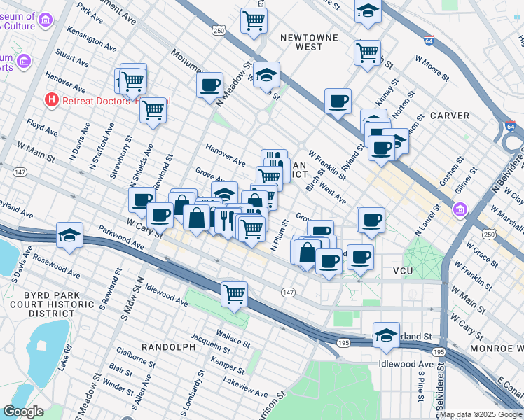 map of restaurants, bars, coffee shops, grocery stores, and more near 1605 Grove Avenue in Richmond