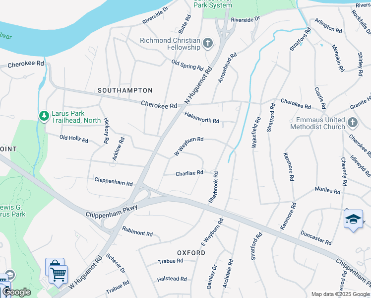 map of restaurants, bars, coffee shops, grocery stores, and more near 8330 Whitewood Road in Richmond