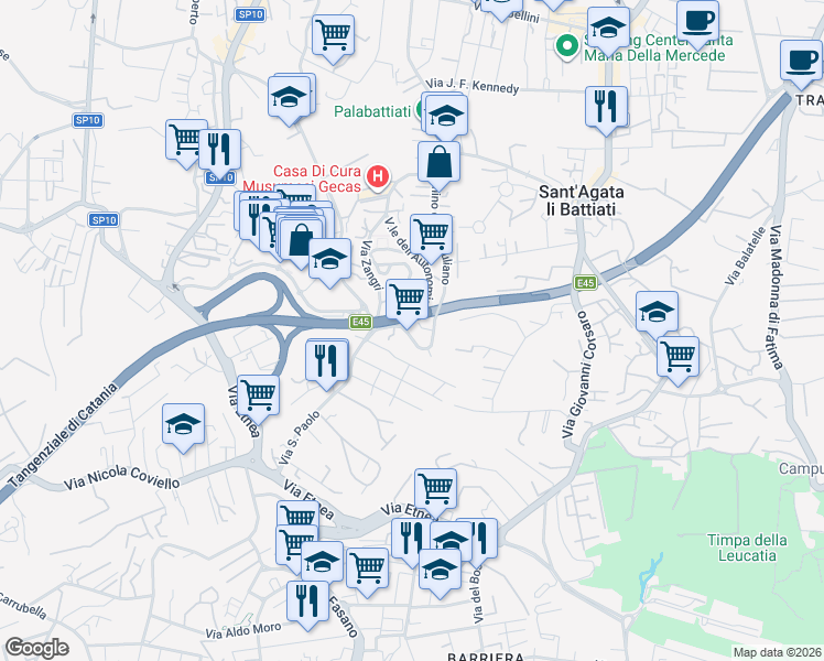 map of restaurants, bars, coffee shops, grocery stores, and more near 3 Via Giacomo Puccini in Gravina di Catania