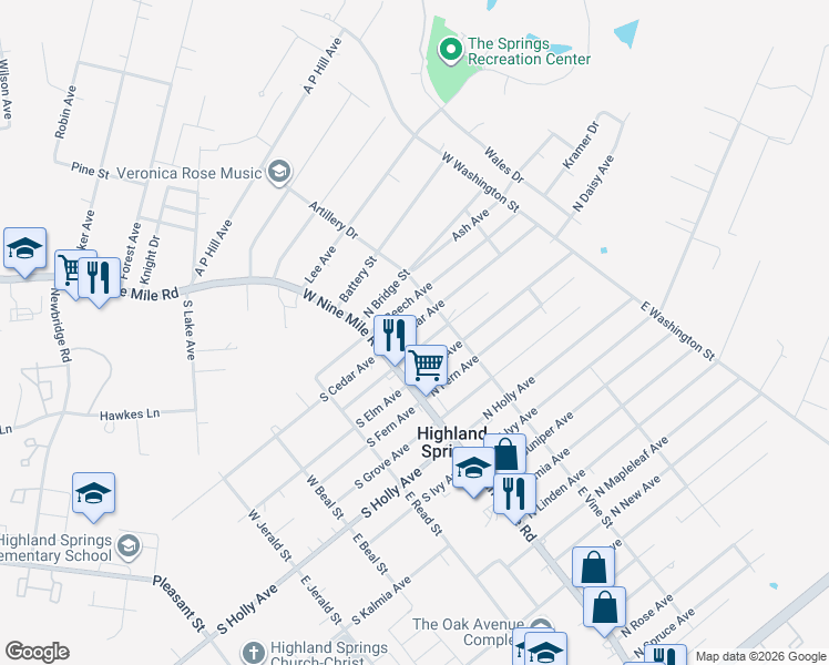 map of restaurants, bars, coffee shops, grocery stores, and more near 10 North Cedar Avenue in Highland Springs