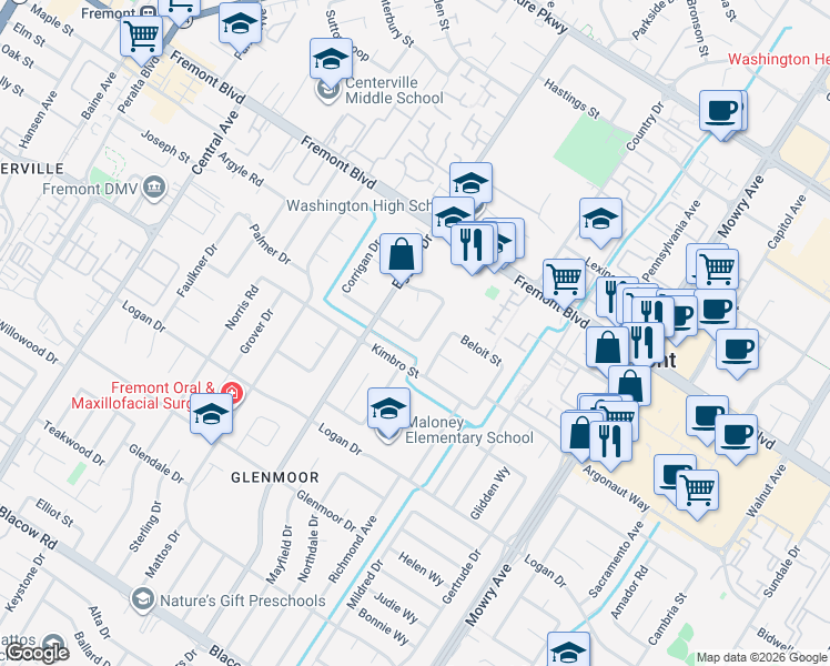 map of restaurants, bars, coffee shops, grocery stores, and more near 4200 Patricia Street in Fremont