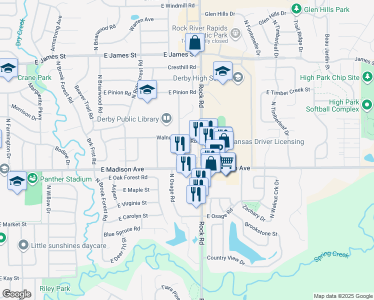 map of restaurants, bars, coffee shops, grocery stores, and more near 1709 Walnut Grove Road in Derby