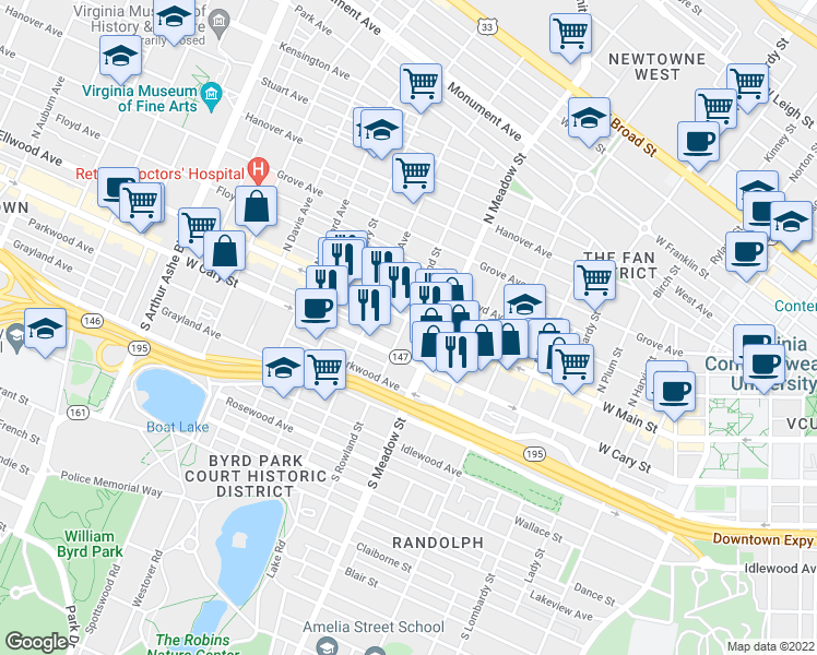 map of restaurants, bars, coffee shops, grocery stores, and more near 2027 West Main Street in Richmond