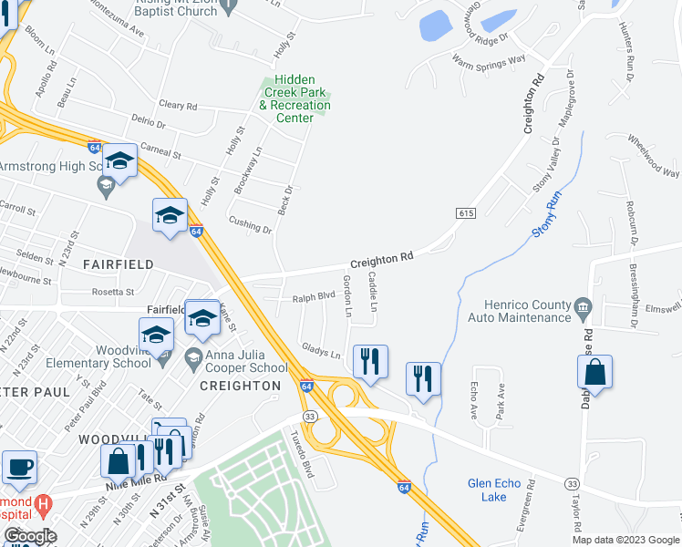 map of restaurants, bars, coffee shops, grocery stores, and more near 2923 Creighton Road in Richmond