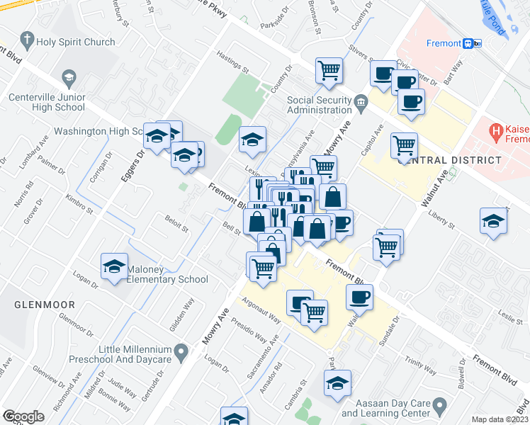 map of restaurants, bars, coffee shops, grocery stores, and more near 38860 Fremont Boulevard in Fremont