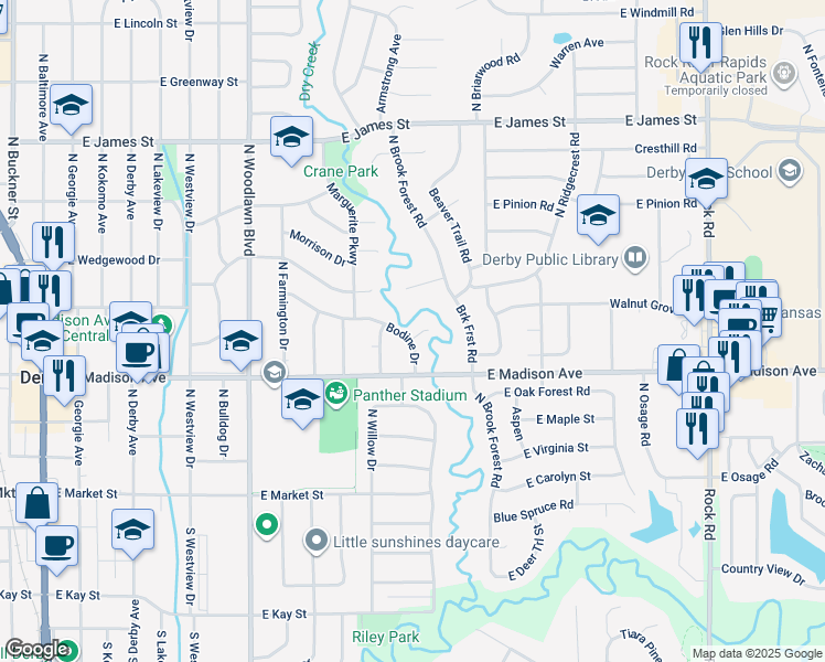 map of restaurants, bars, coffee shops, grocery stores, and more near 1104 Bodine Court in Derby