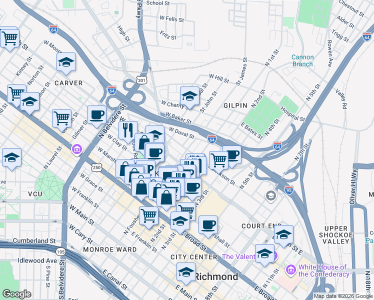 map of restaurants, bars, coffee shops, grocery stores, and more near 701 St James St in Richmond