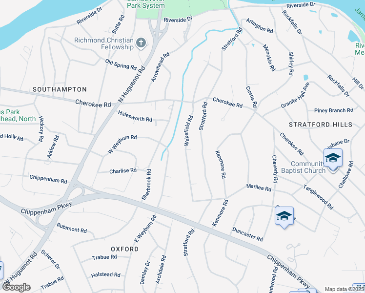 map of restaurants, bars, coffee shops, grocery stores, and more near 3910 Wakefield Road in Richmond