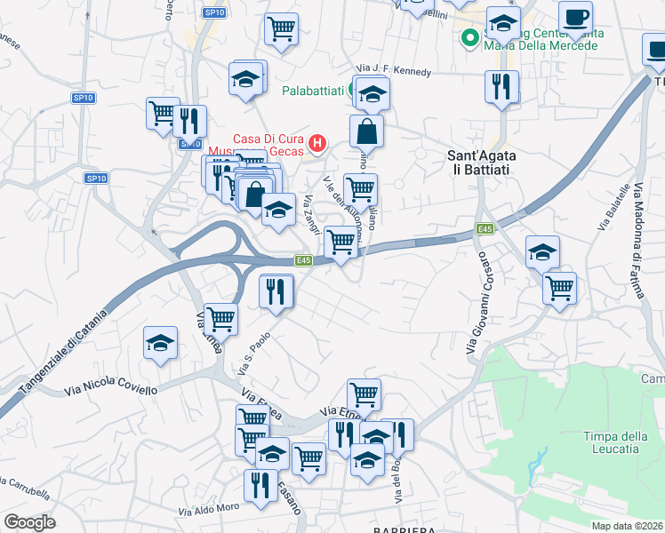 map of restaurants, bars, coffee shops, grocery stores, and more near 3 Via Giacomo Puccini in Gravina di Catania