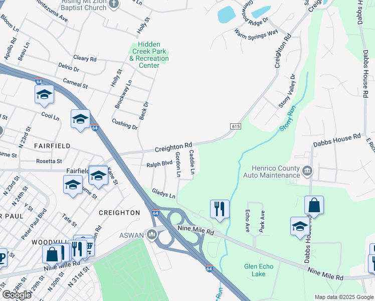 map of restaurants, bars, coffee shops, grocery stores, and more near 2424 Caddie Lane in Richmond