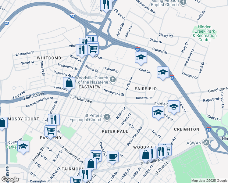 map of restaurants, bars, coffee shops, grocery stores, and more near 2106 Newbourne Street in Richmond