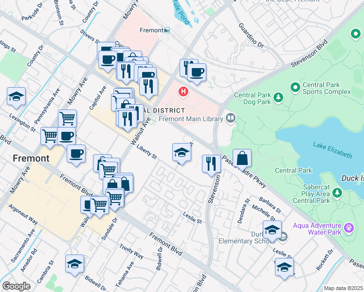map of restaurants, bars, coffee shops, grocery stores, and more near 3155 Kearney St in Fremont