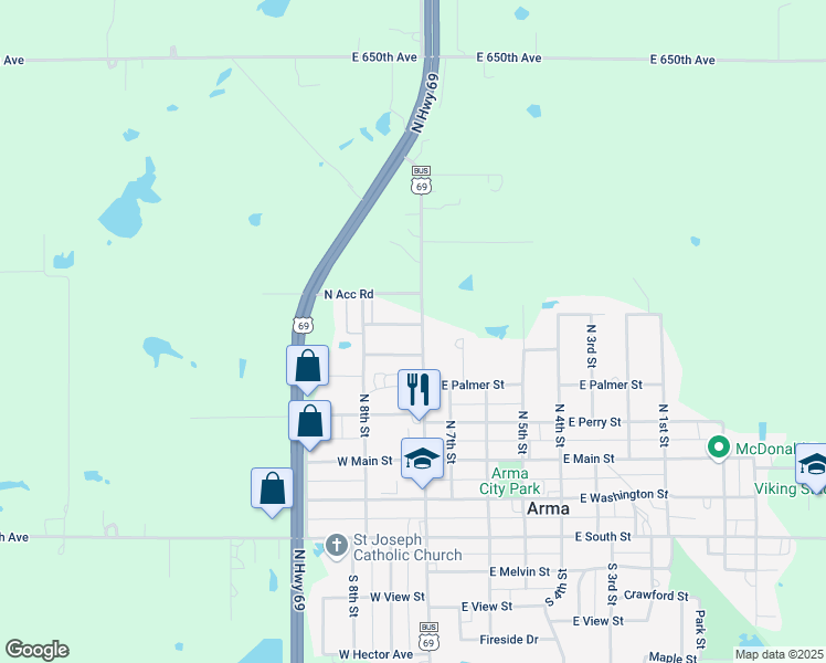 map of restaurants, bars, coffee shops, grocery stores, and more near 101-199 W Madison St in Arma