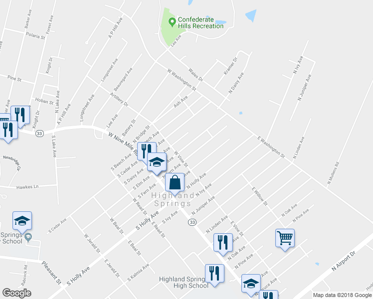 map of restaurants, bars, coffee shops, grocery stores, and more near 109 North Elm Avenue in Henrico
