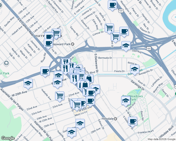 map of restaurants, bars, coffee shops, grocery stores, and more near 2089 Pacific Boulevard in San Mateo