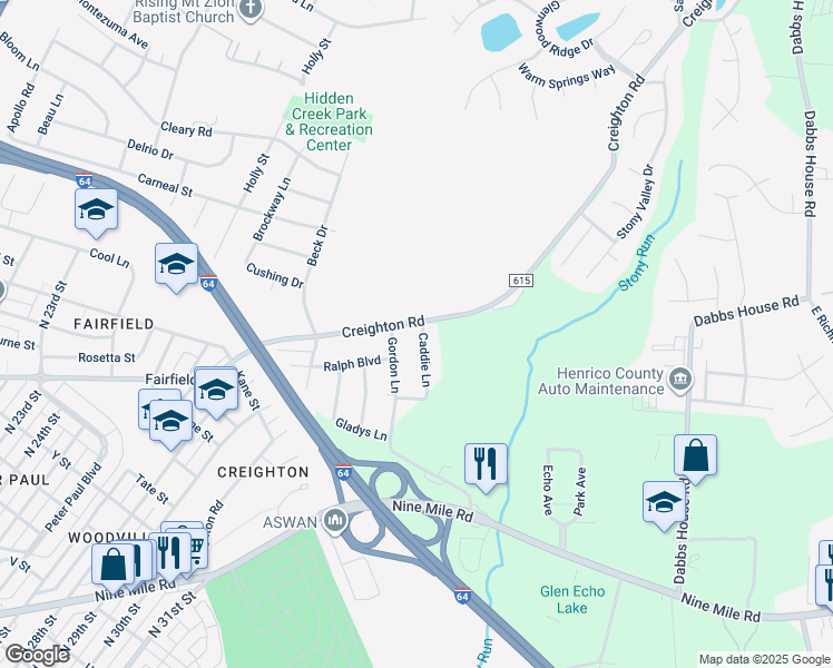 map of restaurants, bars, coffee shops, grocery stores, and more near 2424 Caddie Lane in Richmond