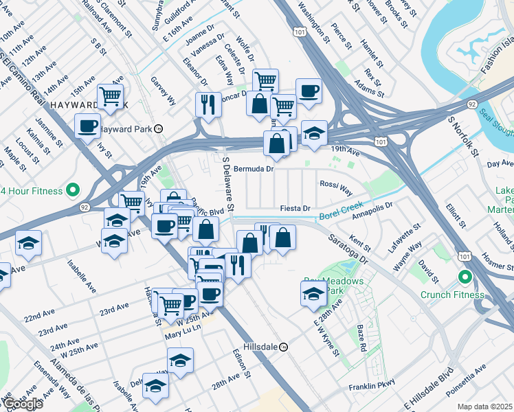 map of restaurants, bars, coffee shops, grocery stores, and more near 561 Fiesta Drive in San Mateo