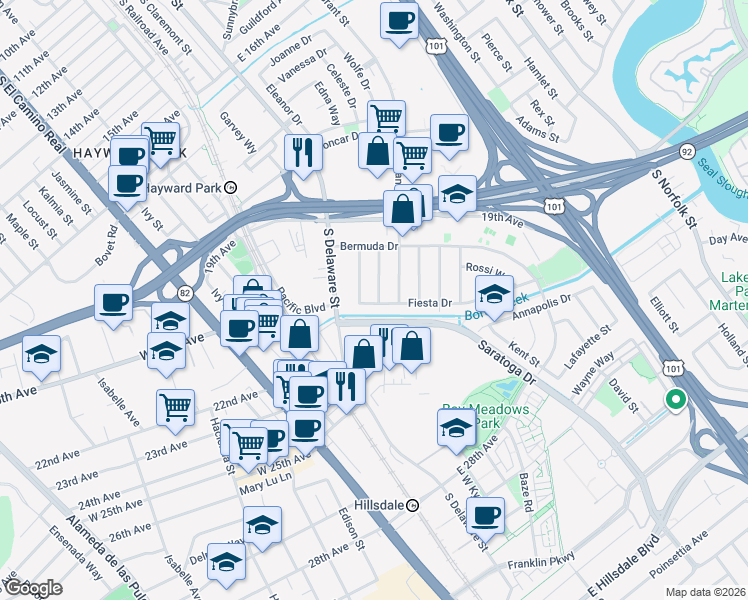 map of restaurants, bars, coffee shops, grocery stores, and more near 561 Fiesta Drive in San Mateo