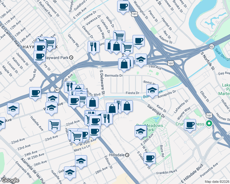 map of restaurants, bars, coffee shops, grocery stores, and more near 2088 Texas Way in San Mateo
