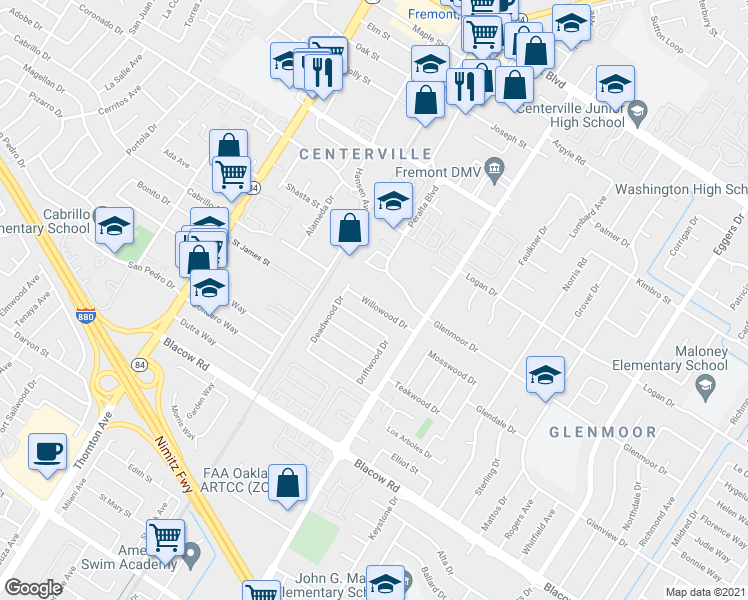 map of restaurants, bars, coffee shops, grocery stores, and more near 37427 Willowood Drive in Fremont