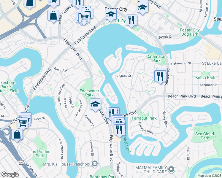 map of restaurants, bars, coffee shops, grocery stores, and more near 824 Andromeda Lane in Foster City