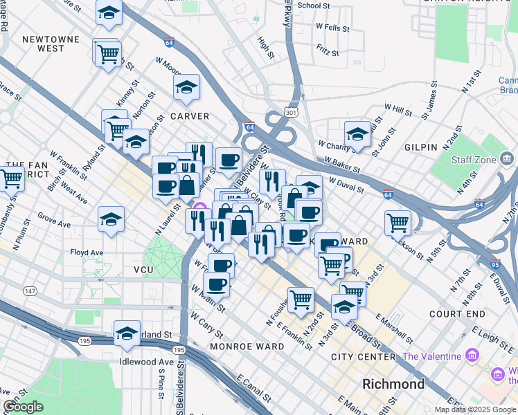 map of restaurants, bars, coffee shops, grocery stores, and more near 407 North Henry Street in Richmond