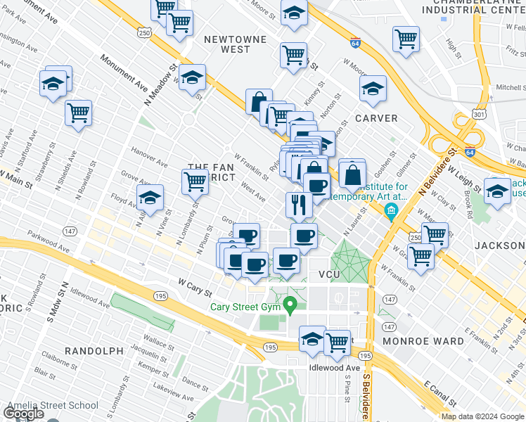 map of restaurants, bars, coffee shops, grocery stores, and more near in Richmond
