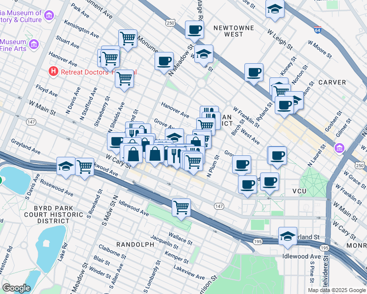 map of restaurants, bars, coffee shops, grocery stores, and more near 104 North Vine Street in Richmond