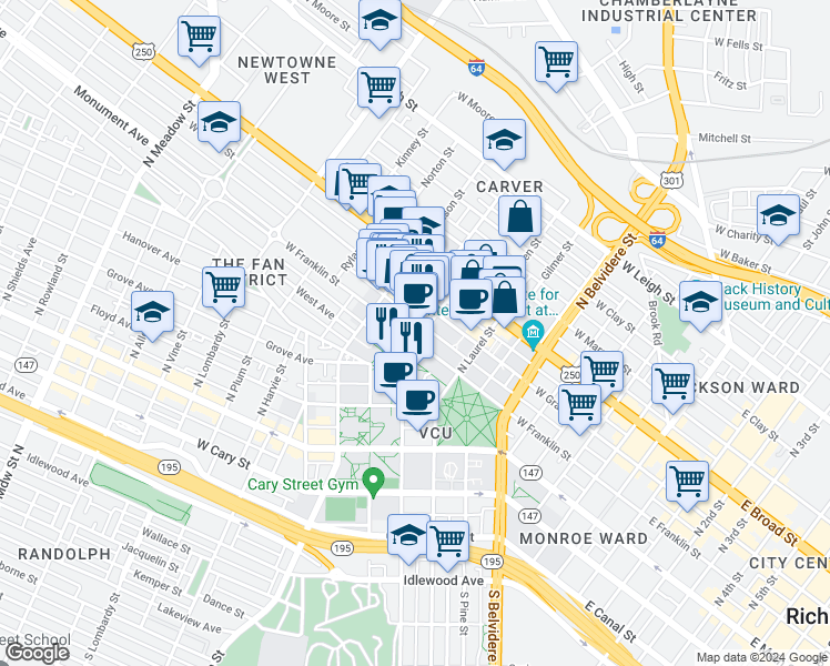 map of restaurants, bars, coffee shops, grocery stores, and more near 900 West Franklin Street in Richmond